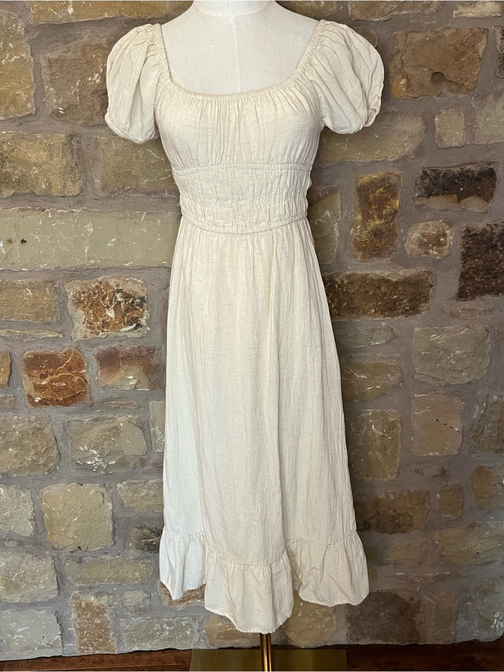 Sim & Sam Cream Linen Blend Cottagecore Prairie Midi Dress XS Puff Sleeve Boho